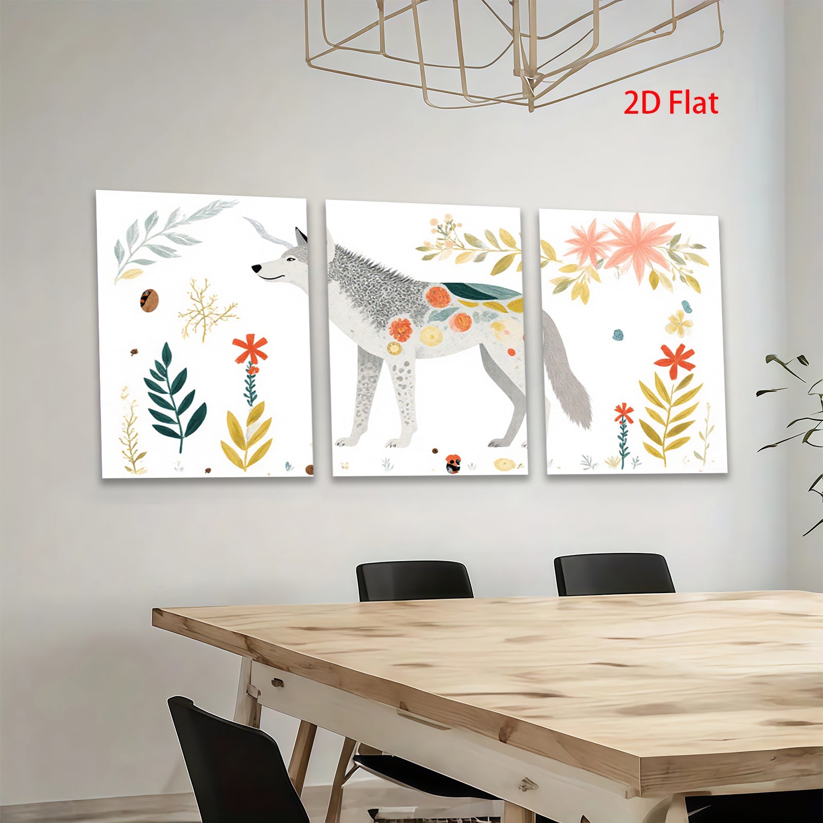 2D flat 1pc whimsical woodland wolf botanical illustration gallery wall art bedroom living room farmhouse modern minimalist cozy