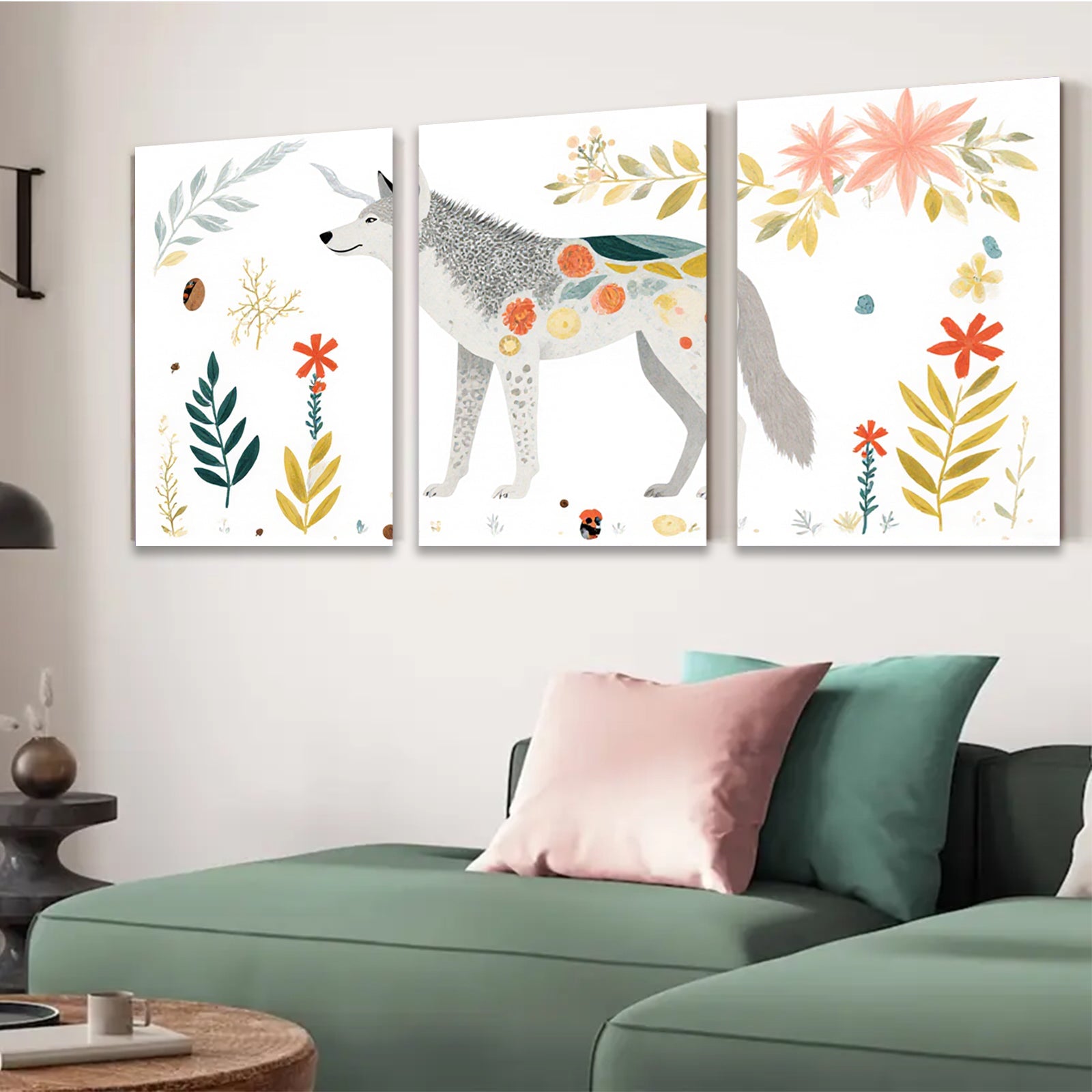 2D flat 1pc whimsical woodland wolf botanical illustration gallery wall art bedroom living room farmhouse modern minimalist cozy