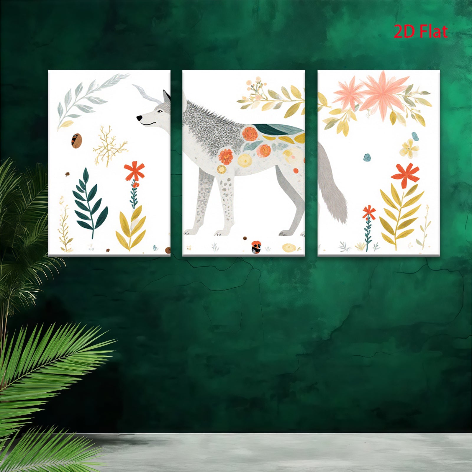 2D flat 1pc whimsical woodland wolf botanical illustration gallery wall art bedroom living room farmhouse modern minimalist cozy