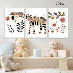 2D flat 1pc whimsical zebra botanical wall art print for kids room nursery playroom decor modern farmhouse aesthetic gallery wrapped canvas