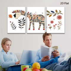 2D flat 1pc whimsical zebra botanical wall art print for kids room nursery playroom decor modern farmhouse aesthetic gallery wrapped canvas