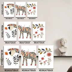 2D flat 1pc whimsical zebra botanical wall art print for kids room nursery playroom decor modern farmhouse aesthetic gallery wrapped canvas