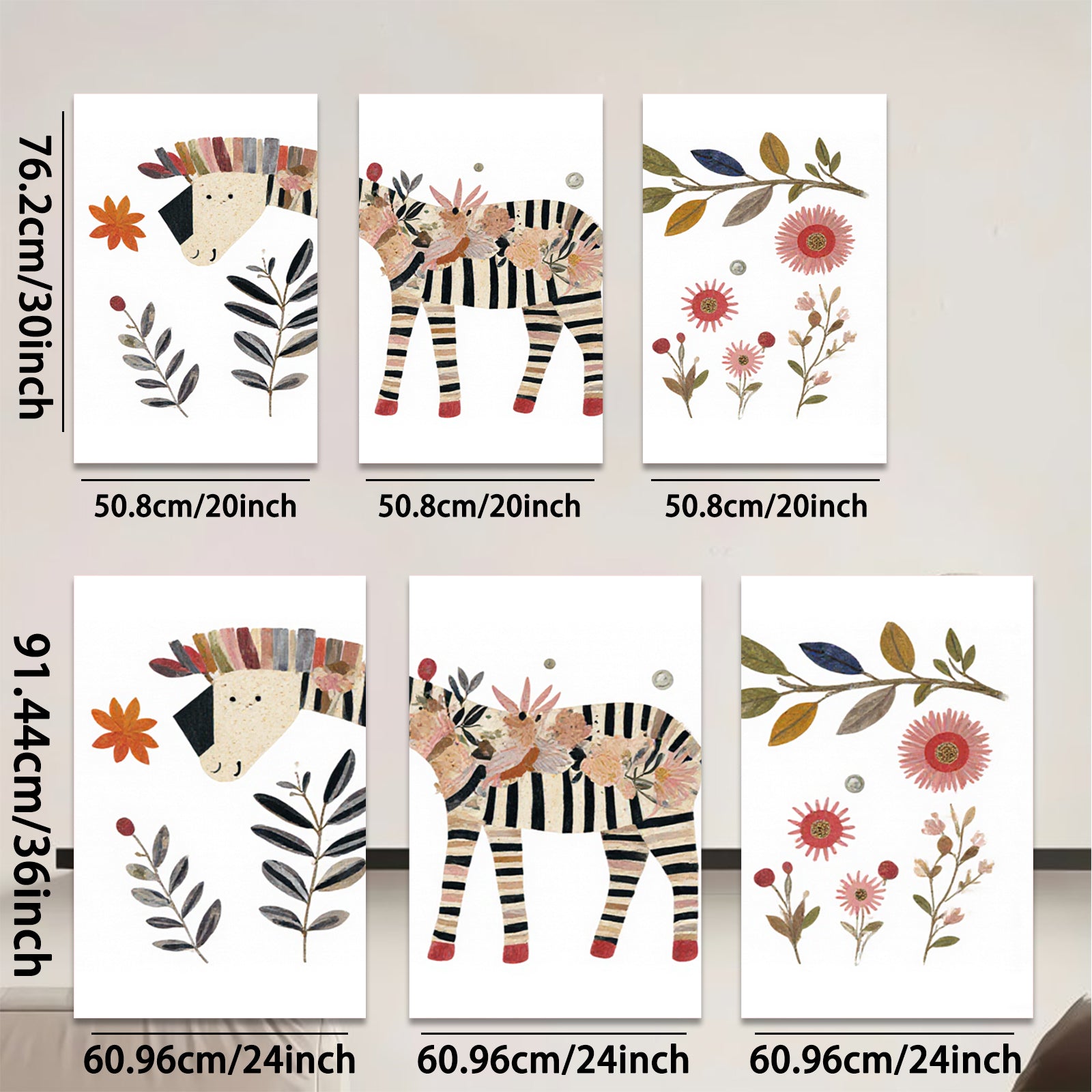 2D flat 1pc whimsical zebra botanical wall art print for kids room nursery playroom decor modern farmhouse aesthetic gallery wrapped canvas