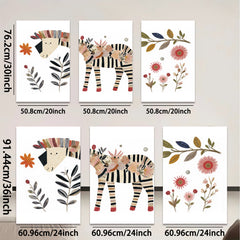 2D flat 1pc whimsical zebra botanical wall art print for kids room nursery playroom decor modern farmhouse aesthetic gallery wrapped canvas