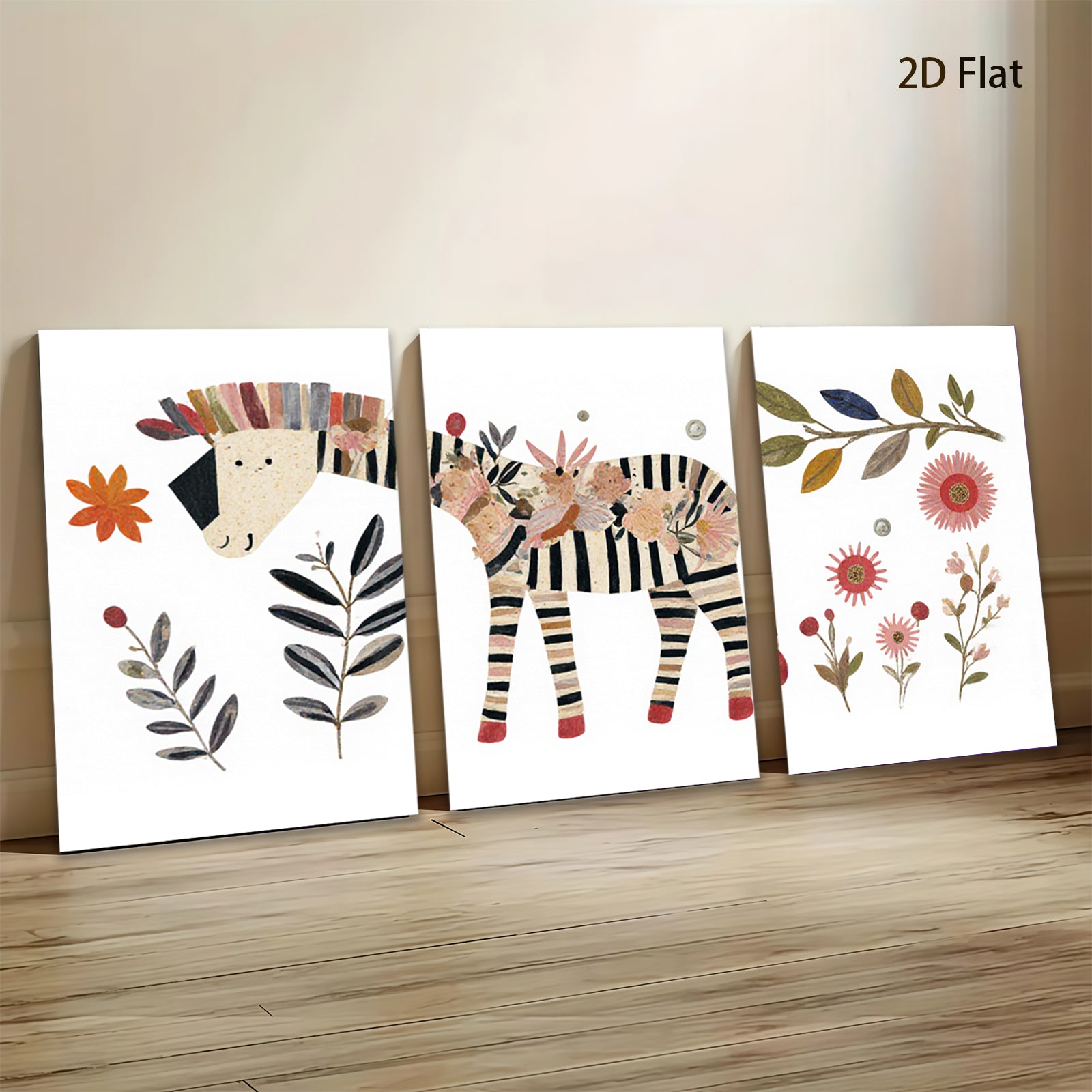 2D flat 1pc whimsical zebra botanical wall art print for kids room nursery playroom decor modern farmhouse aesthetic gallery wrapped canvas