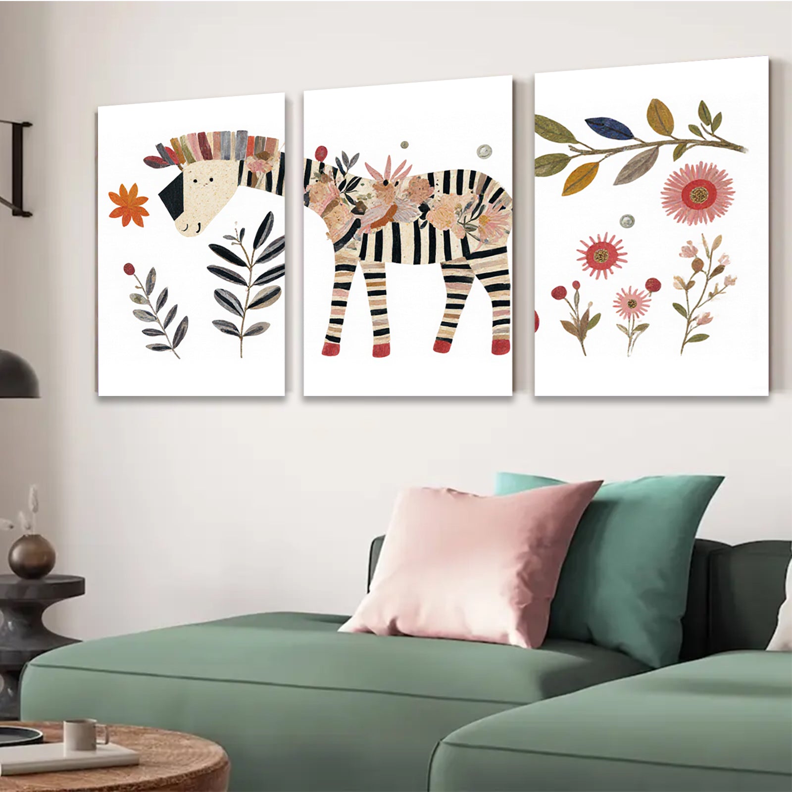 2D flat 1pc whimsical zebra botanical wall art print for kids room nursery playroom decor modern farmhouse aesthetic gallery wrapped canvas