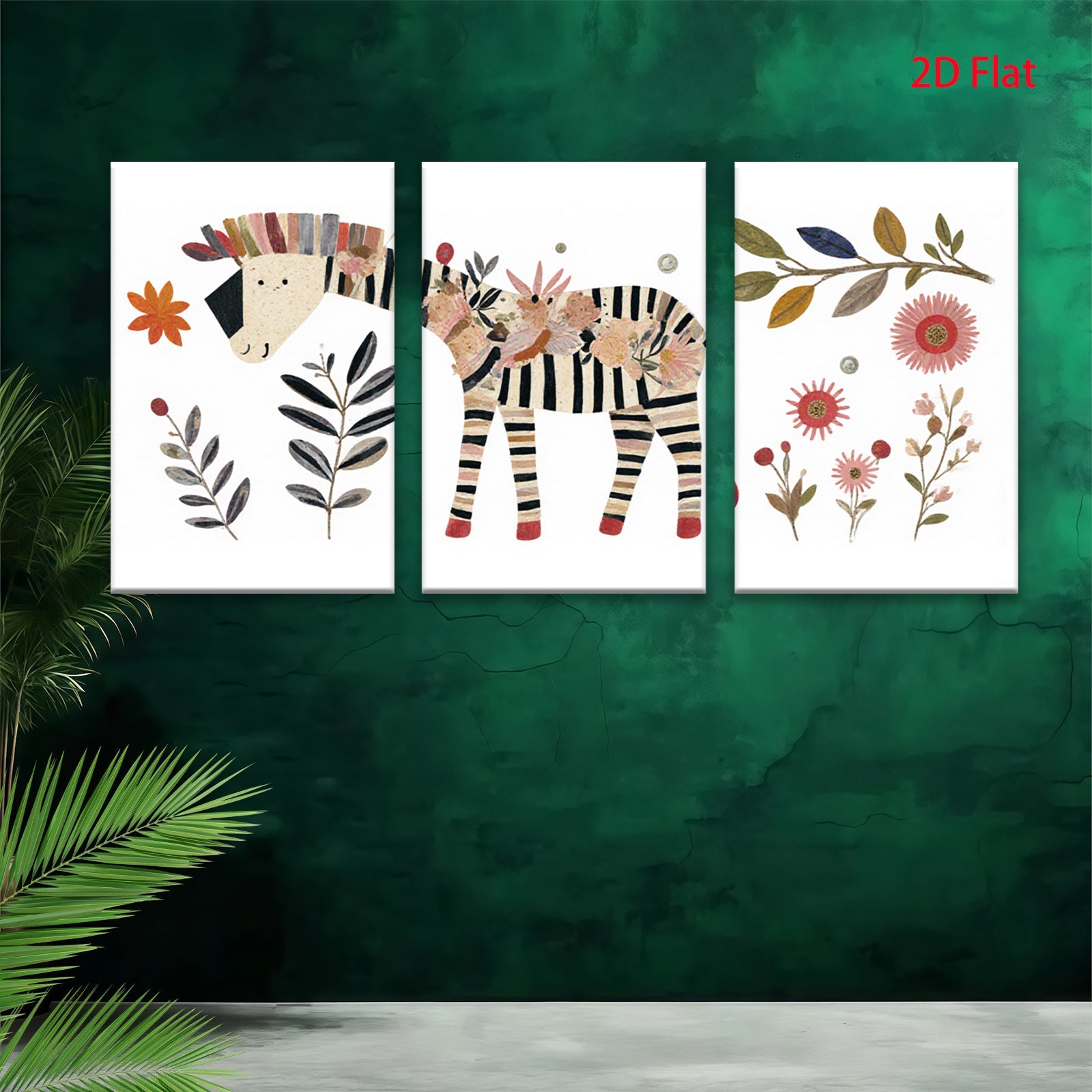 2D flat 1pc whimsical zebra botanical wall art print for kids room nursery playroom decor modern farmhouse aesthetic gallery wrapped canvas