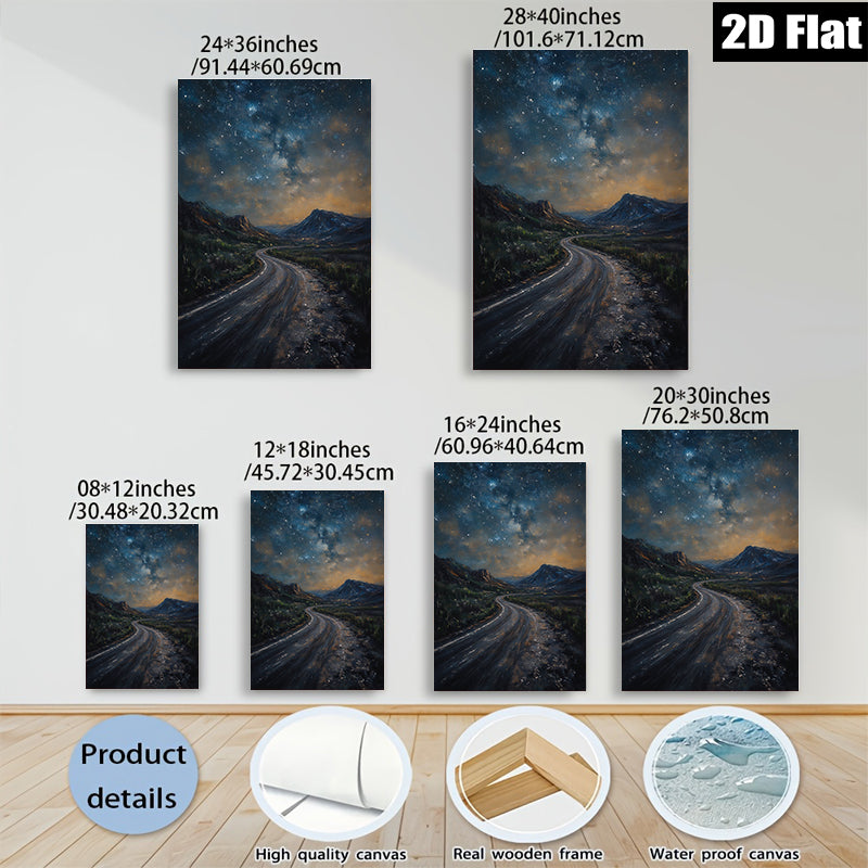 2D flat 1pc winding road under starry night sky bedroom living room wall decor farmhouse modern gallery wrapped canvas print