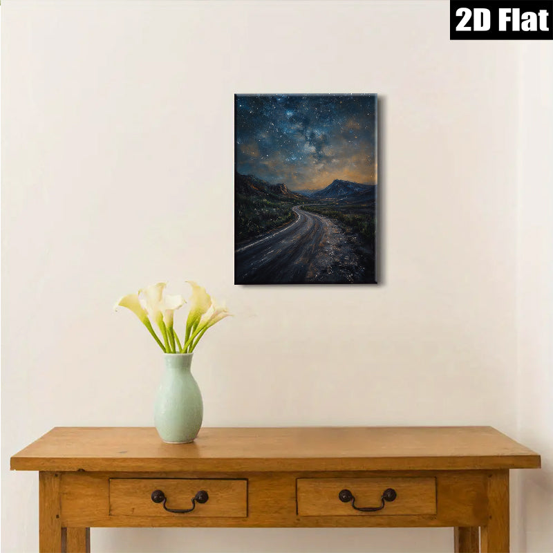 2D flat 1pc winding road under starry night sky bedroom living room wall decor farmhouse modern gallery wrapped canvas print