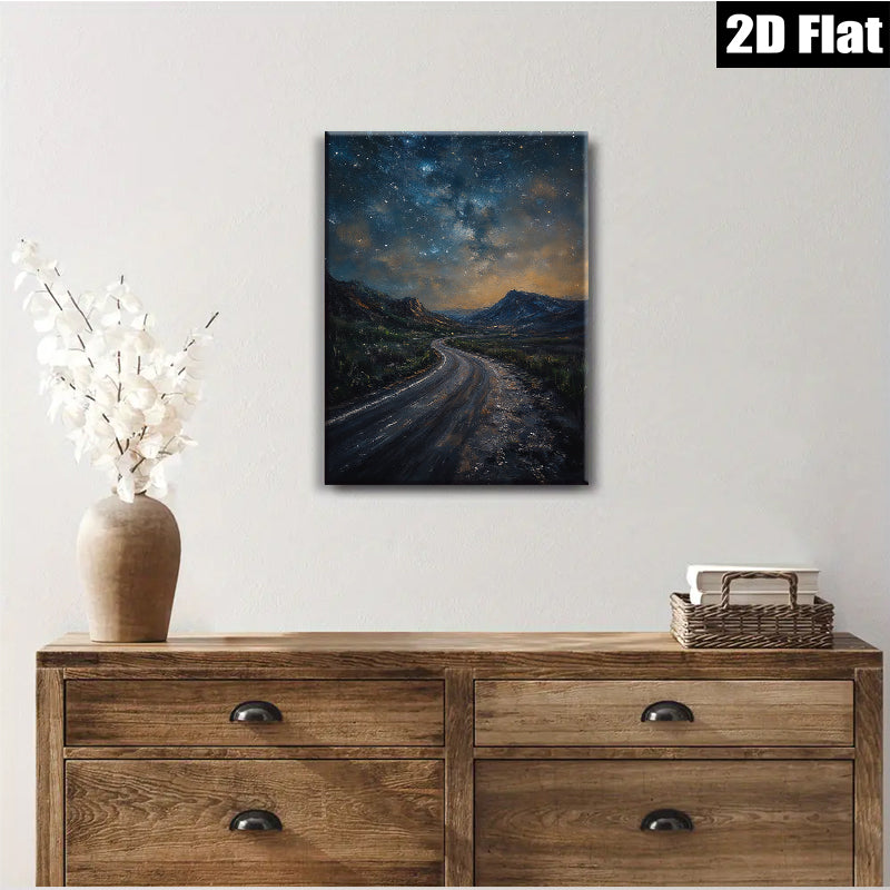 2D flat 1pc winding road under starry night sky bedroom living room wall decor farmhouse modern gallery wrapped canvas print