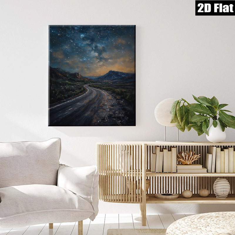 2D flat 1pc winding road under starry night sky bedroom living room wall decor farmhouse modern gallery wrapped canvas print