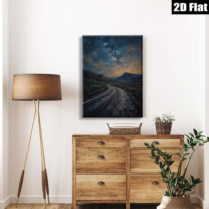 2D flat 1pc winding road under starry night sky bedroom living room wall decor farmhouse modern gallery wrapped canvas print