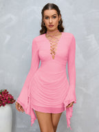 Lace Up Flared Sleeve Dress - View 16 | WEUXS