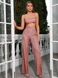Silver metallic knit crop top with adjustable spaghetti straps and square neckline, paired with matching wide leg pants. - View 28 | WEUXS