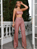 Silver metallic knit crop top with adjustable spaghetti straps and square neckline, paired with matching wide leg pants. - View 27 | WEUXS