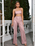 Silver metallic knit crop top with adjustable spaghetti straps and square neckline, paired with matching wide leg pants. - View 16 | WEUXS