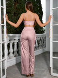 Silver metallic knit crop top with adjustable spaghetti straps and square neckline, paired with matching wide leg pants. - View 14 | WEUXS