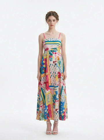 Woman wearing a colorful patchwork print maxi dress with spaghetti straps