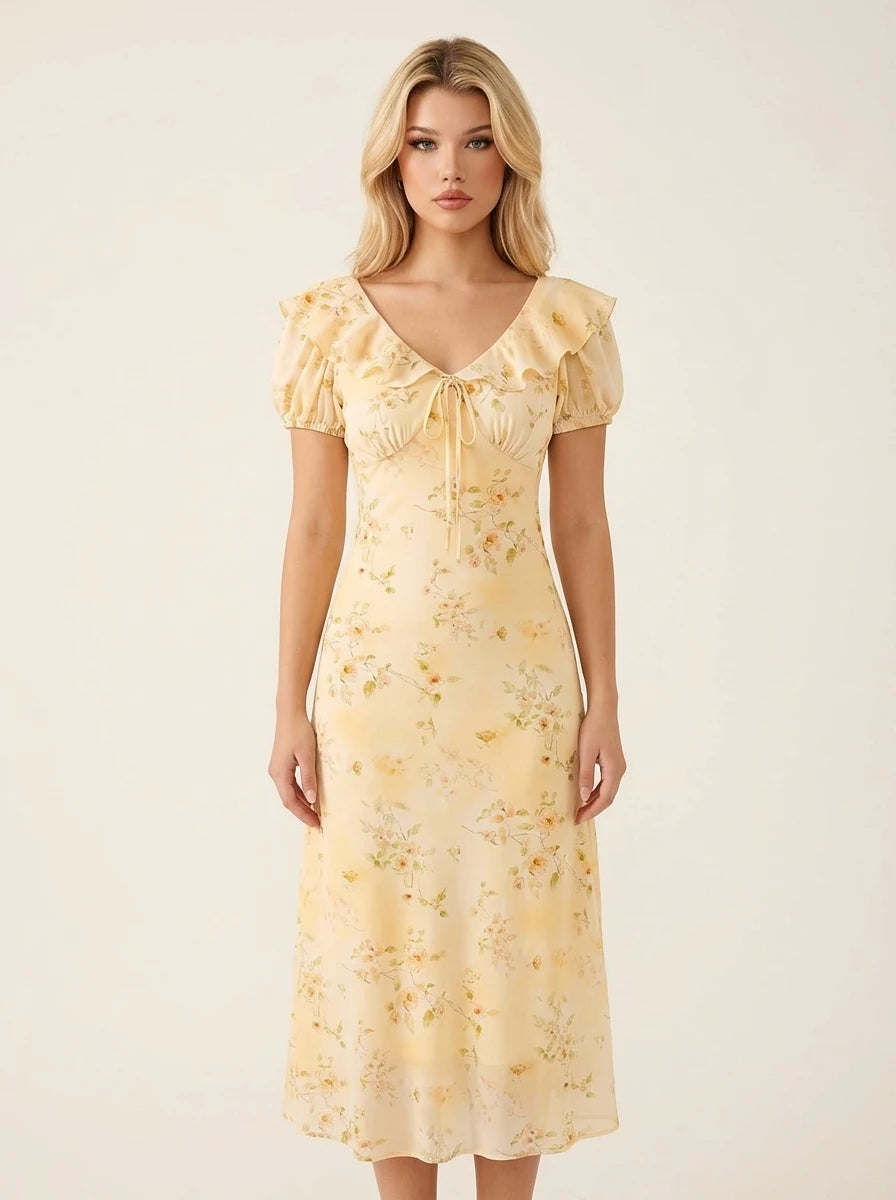 Woman wearing a yellow floral print midi dress with short puff sleeves and a tie-front v-neckline.