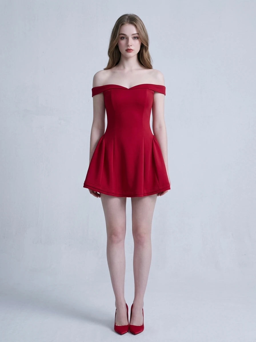 Woman wearing a red off-the-shoulder fit and flare dress