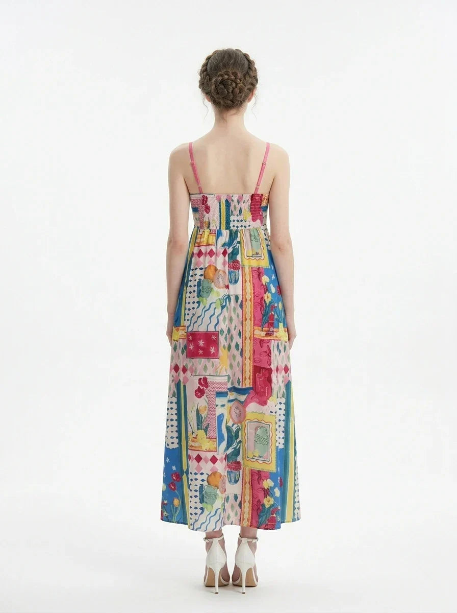Woman wearing a colorful patchwork print maxi dress with spaghetti straps