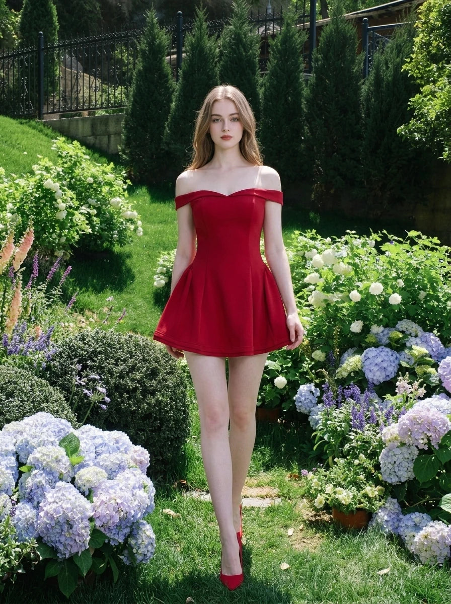 Woman in a red off-the-shoulder dress walking in a floral garden