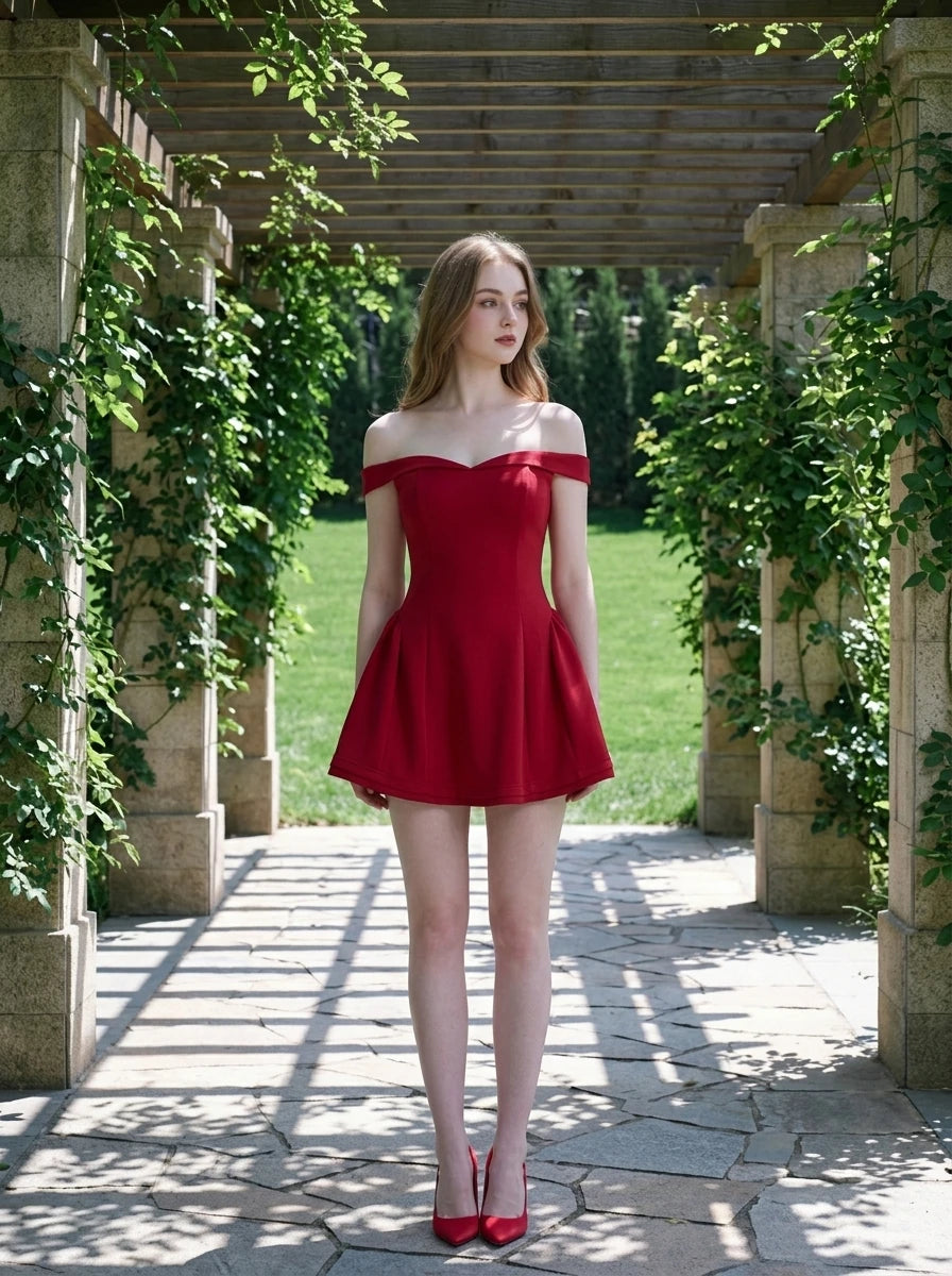 Woman in a red off-the-shoulder dress walking through an outdoor pergola