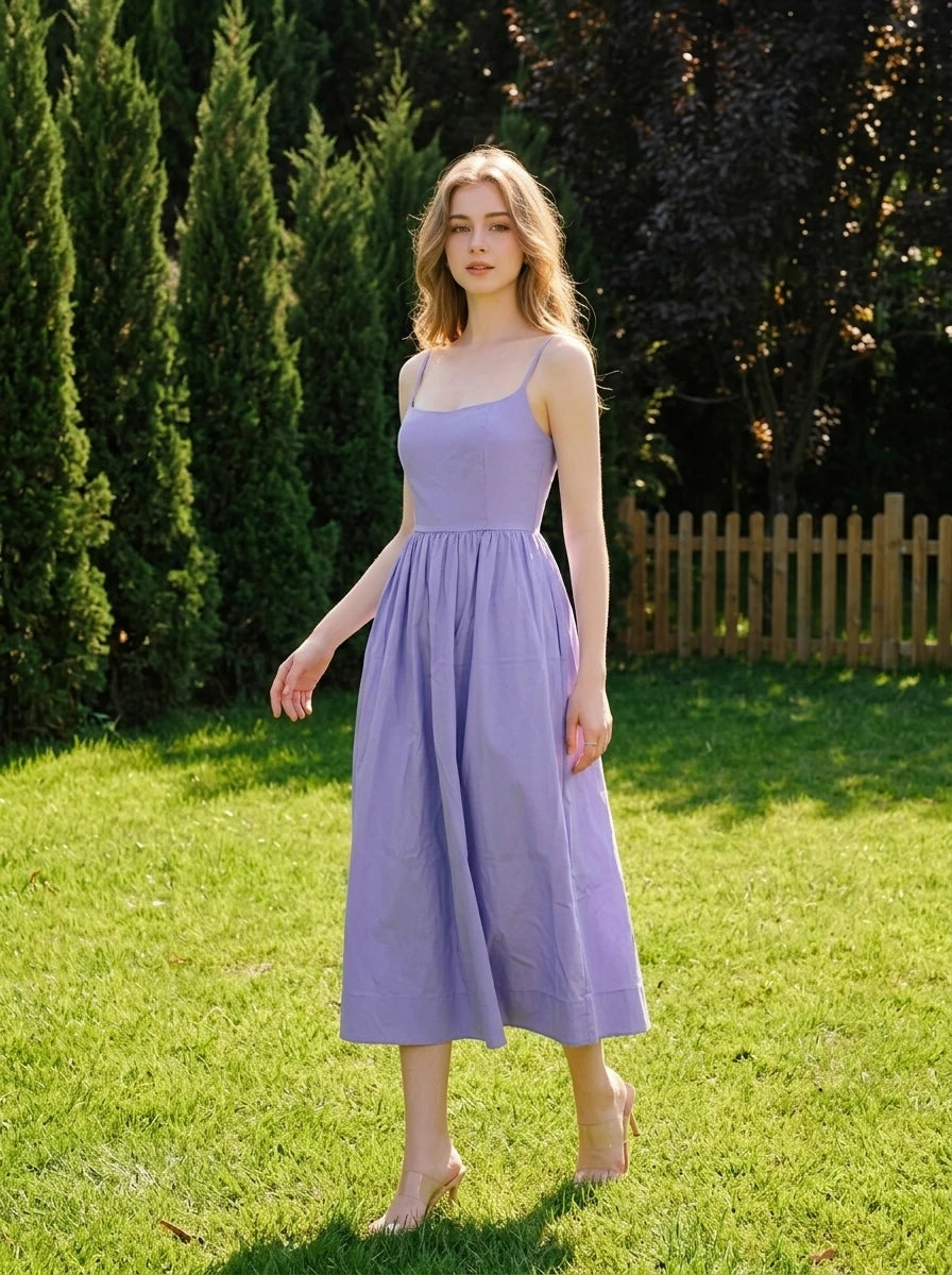 Woman wearing a lavender midi dress with spaghetti straps and a square neckline, walking on a grassy lawn in a garden.