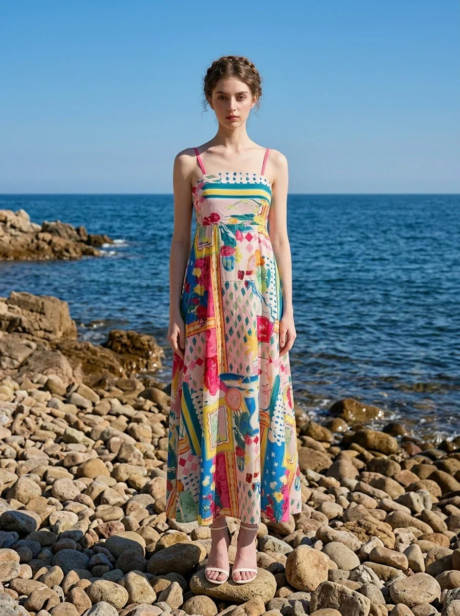 Woman wearing a patchwork print maxi dress standing on a rocky beach