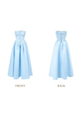 Front view of a light blue strapless gown with corset detailing and a full skirt.