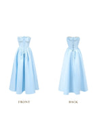 Front view of a light blue strapless gown with corset detailing and a full skirt.