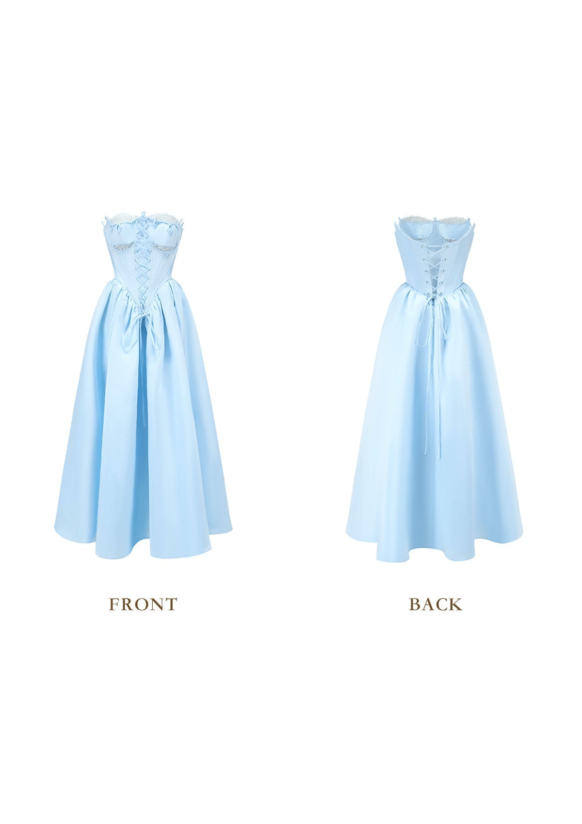 Front view of a light blue strapless gown with corset detailing and a full skirt.
