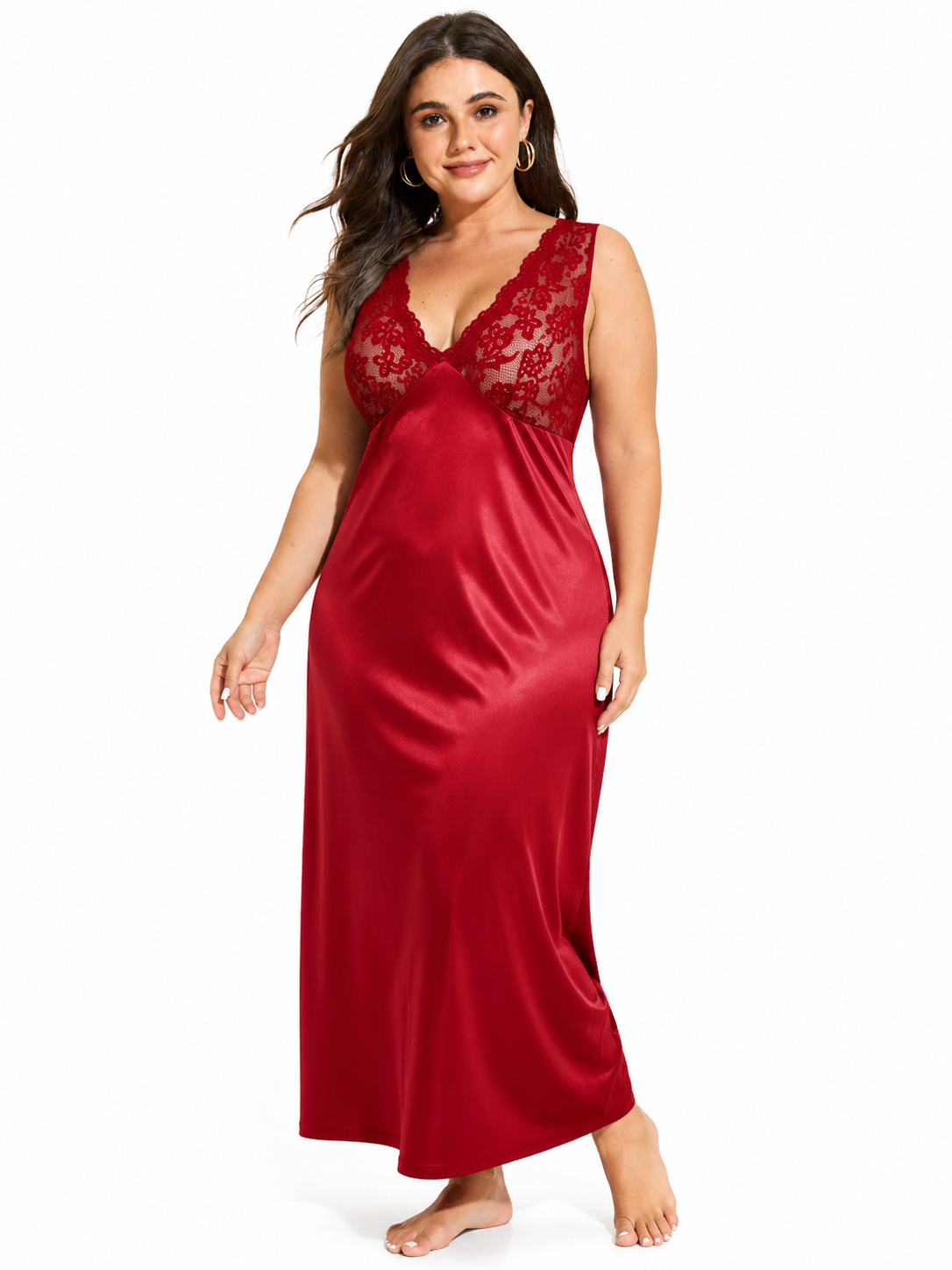 Front view of a woman in a red lace and satin nightgown.