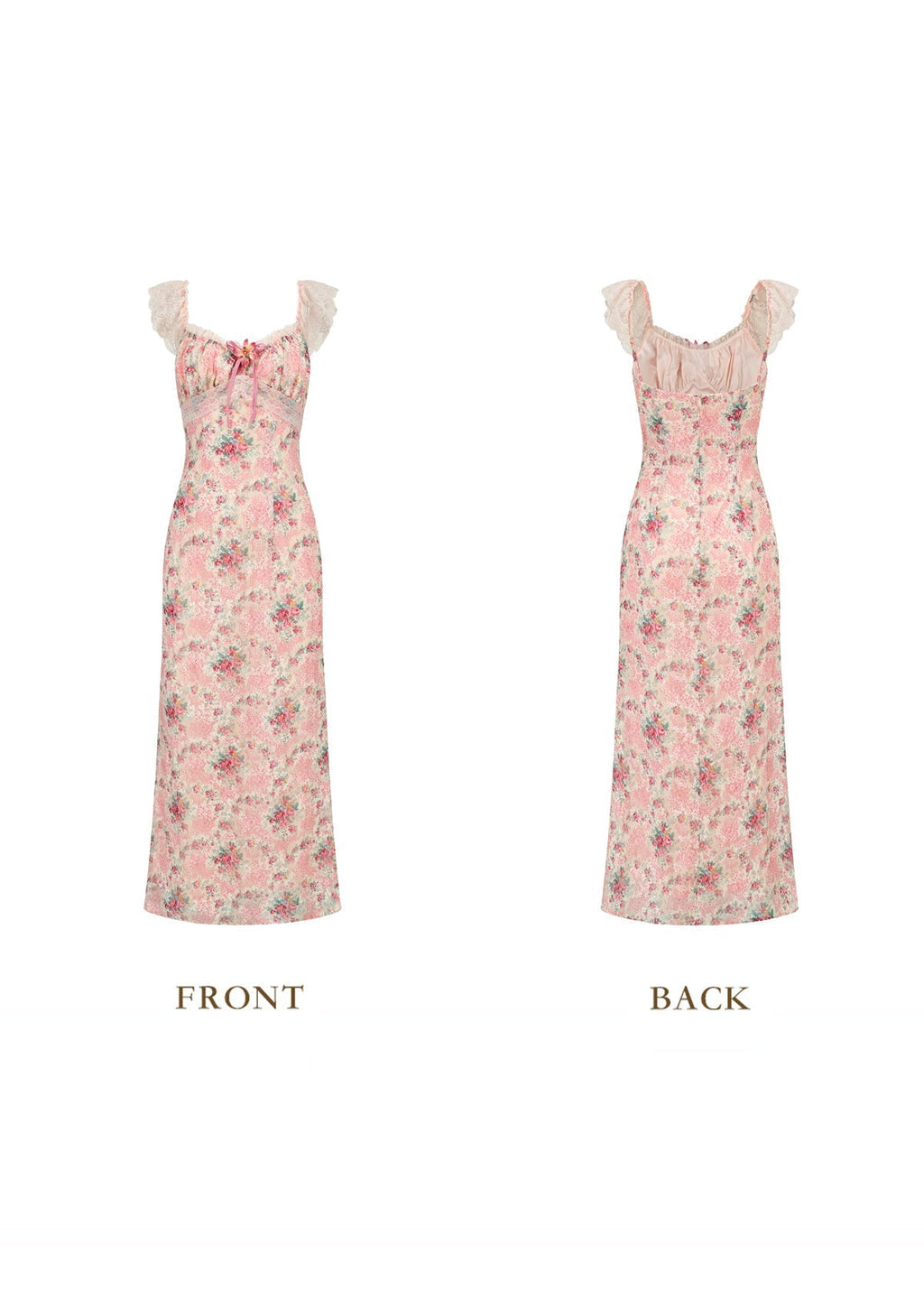 Front view of a pink floral print midi dress with lace trim and a tie detail.