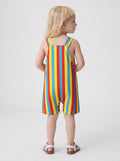 back view of child in striped shortall with duck print
