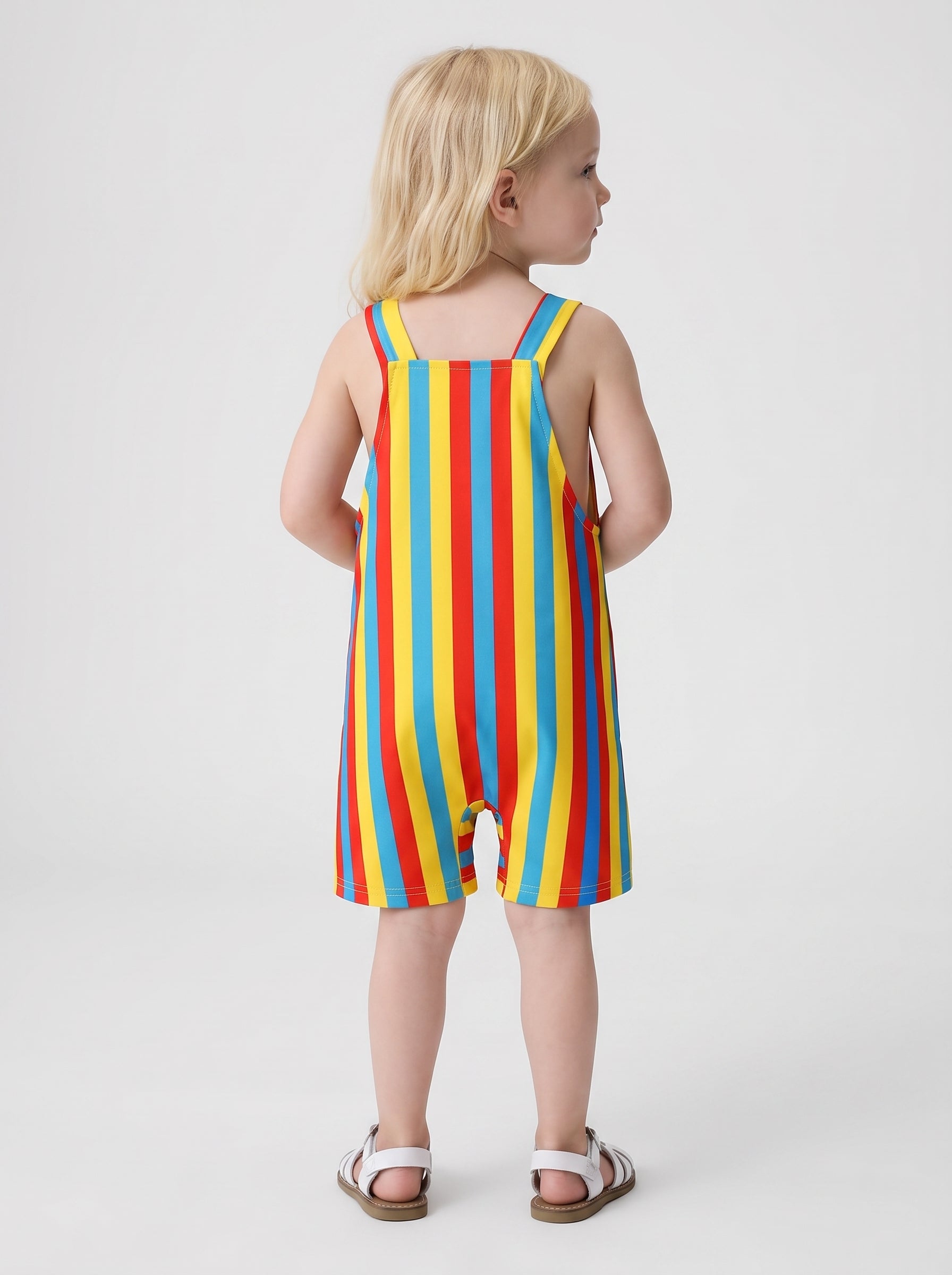 back view of child in striped shortall with duck print