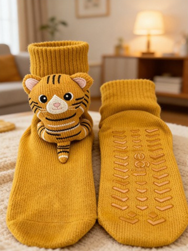 Yellow 3D Tiger Knit Slipper Socks Non-Slip