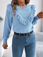 Elegant Gray Ruffle Trim Knit Sweater - WEUXS
