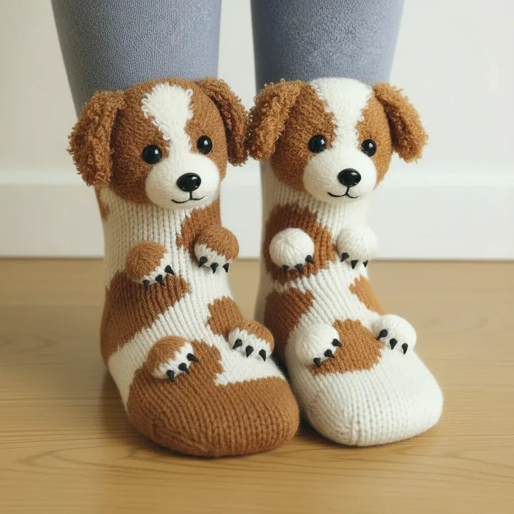 Close-up of a pair of white and brown knitted socks designed to look like dogs, worn by a person Main image