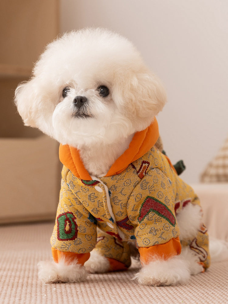 Small white dog wearing a yellow patterned hooded dog jacket with orange trim.