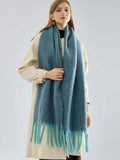 Chunky knit bouclé scarf in teal blue with tassels - View 6 | WEUXS