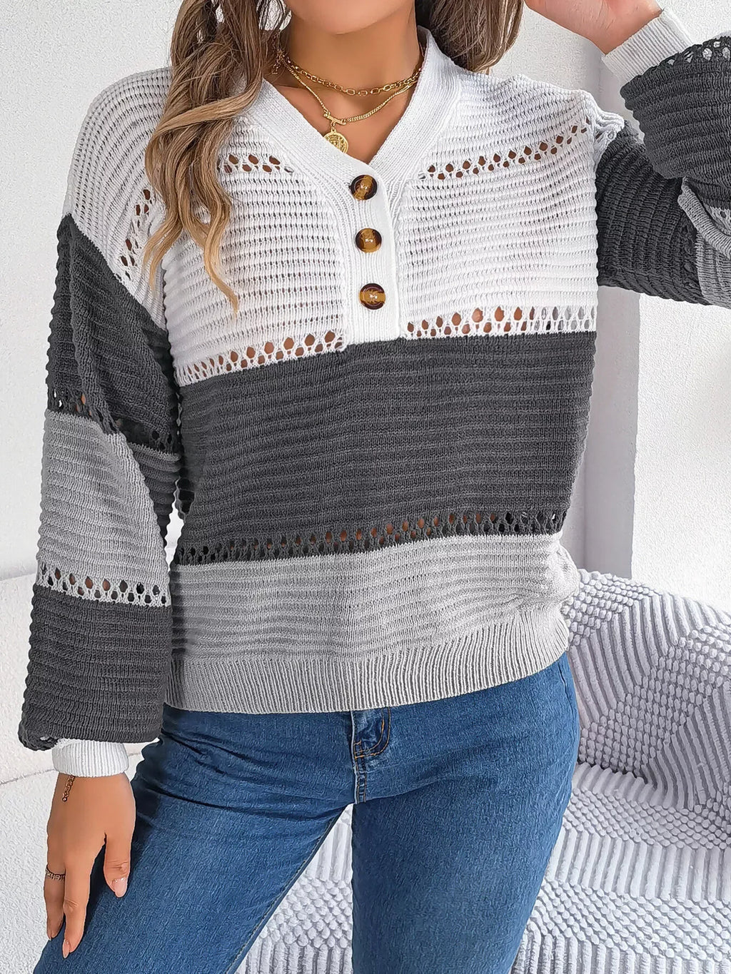 Color block knit henley sweater - View 9 | WEUXS
