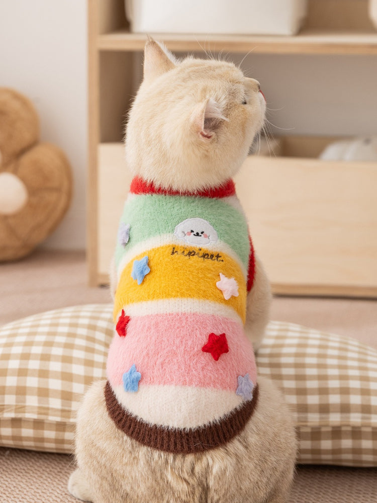 A light-colored cat wears a colorful striped knit sweater with red, green, yellow, and pink stripes.