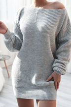 Slouchy Off-Shoulder Ribbed Knit Sweater Dress - WEUXS