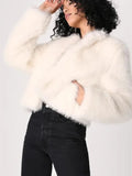 Cream faux fur cropped jacket - View 7 | WEUXS