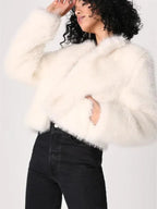 Cream faux fur cropped jacket - View 7 | WEUXS
