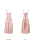 Front view of a pink floral print midi dress with spaghetti straps and a square neckline.