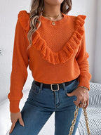 Elegant Gray Ruffle Trim Knit Sweater - WEUXS