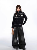 Back view of black Fair Isle knit zip cardigan