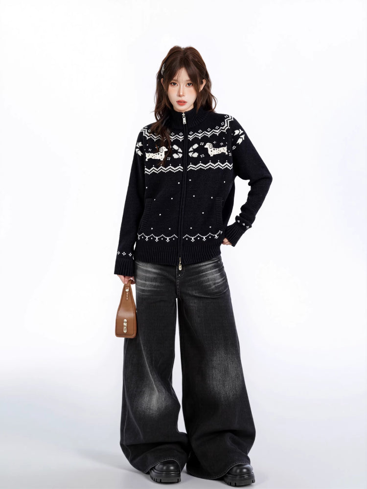 Back view of black Fair Isle knit zip cardigan